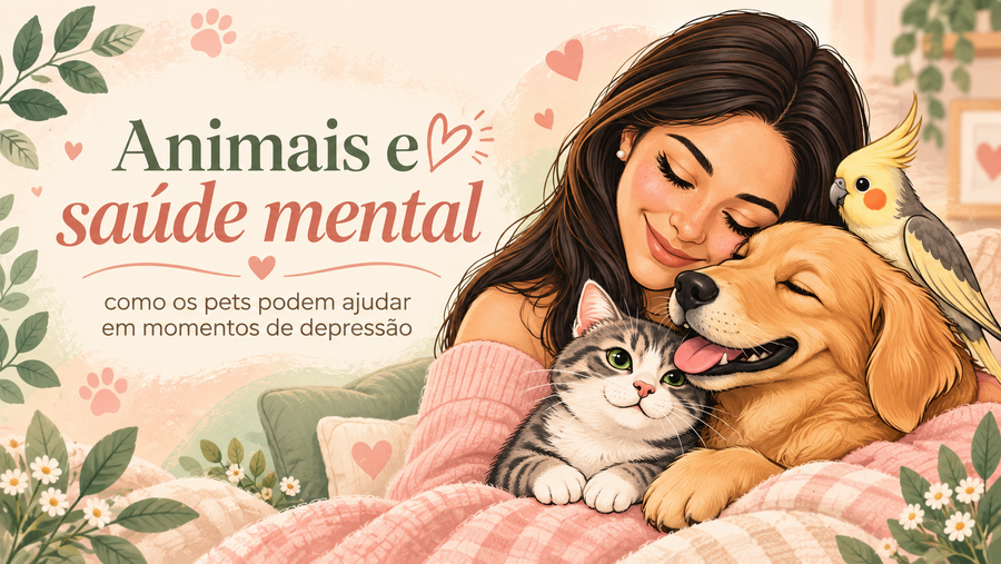 Ilustração acolhedora de uma mulher abraçando um cão, um gato e uma calopsita para artigo sobre animais e saúde mental.