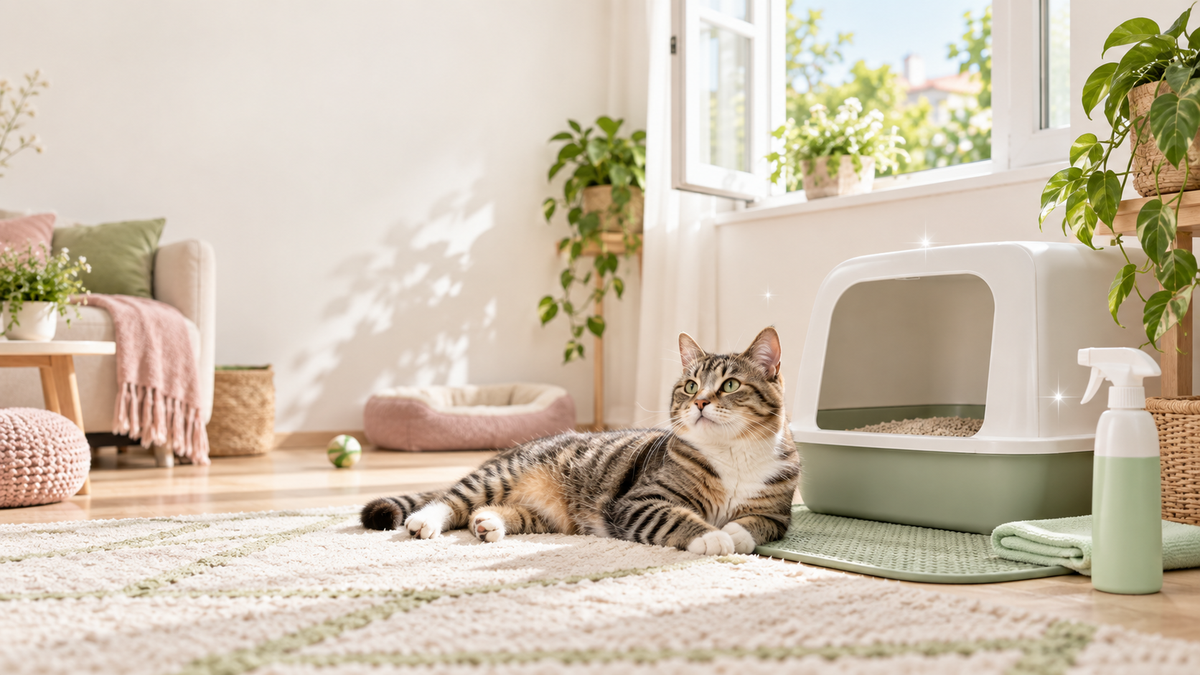 Gato junto a uma caixa de areia limpa numa sala arejada