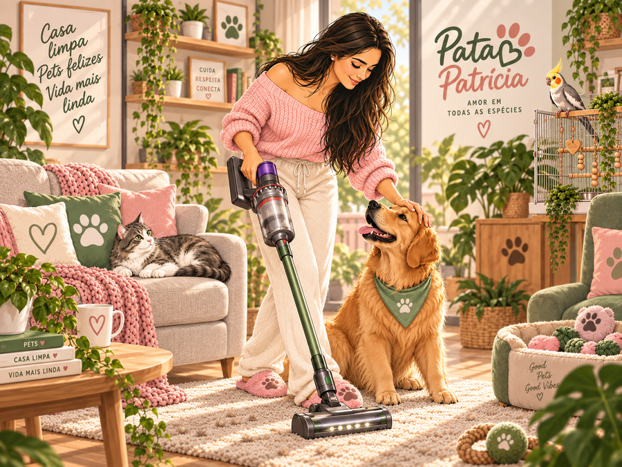 Pata Patrícia aspirando a casa com cão, gato e calopsita