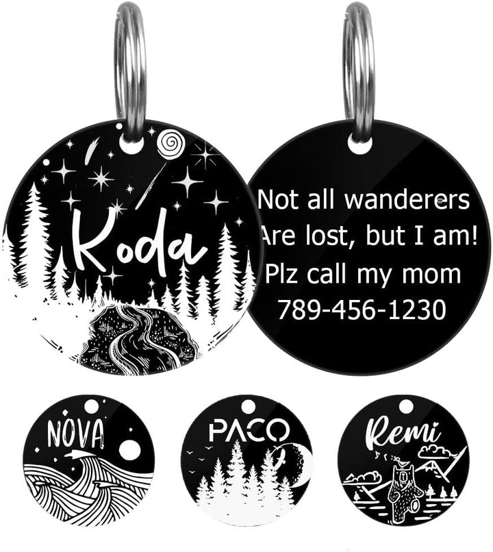 Engraved Pet ID Tags, Personalized Dog Tags for Dogs and Cats, Laser Engraved Black Round Stainless Steel Plate, Dog Collar Tags (Round)