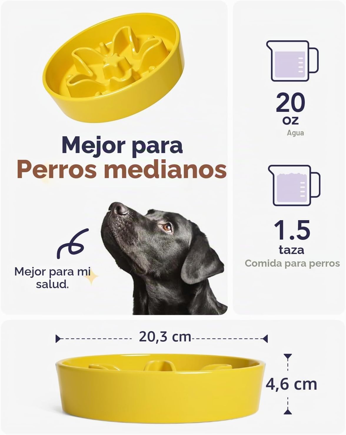 LE TAUCI Slow Feed Ceramic Bowl - for Small and Medium Breeds - Reduces Feeding Speed - Jaune, M - 670 ml