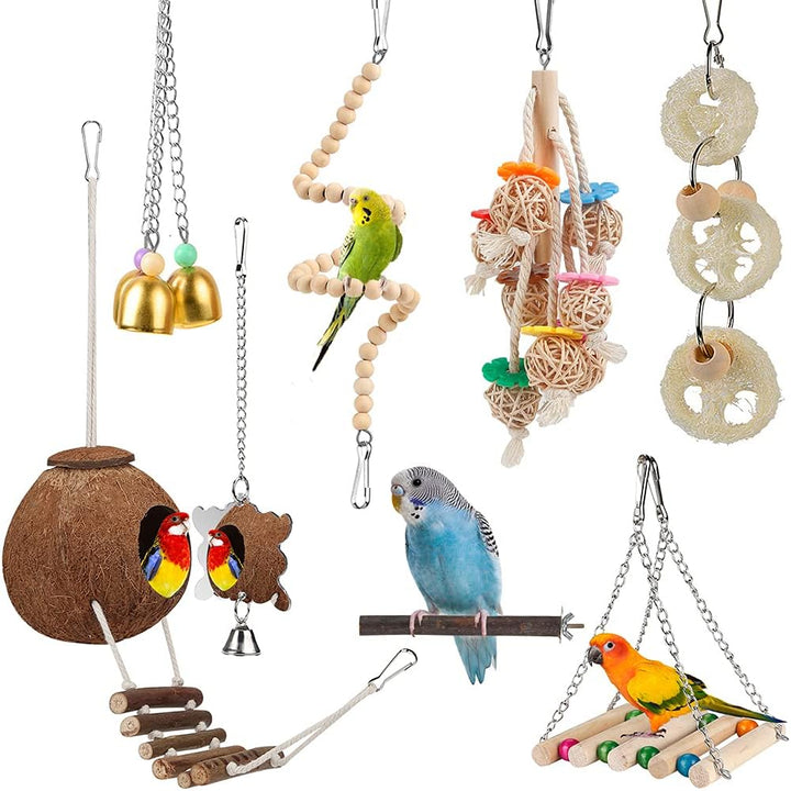 Bird Toys Parakeet Perch Bird Cage Coconut Hammock with Ladder Hanging Bell Chew Toy for Budgies Conure Cockatiels Love Birds Parrots