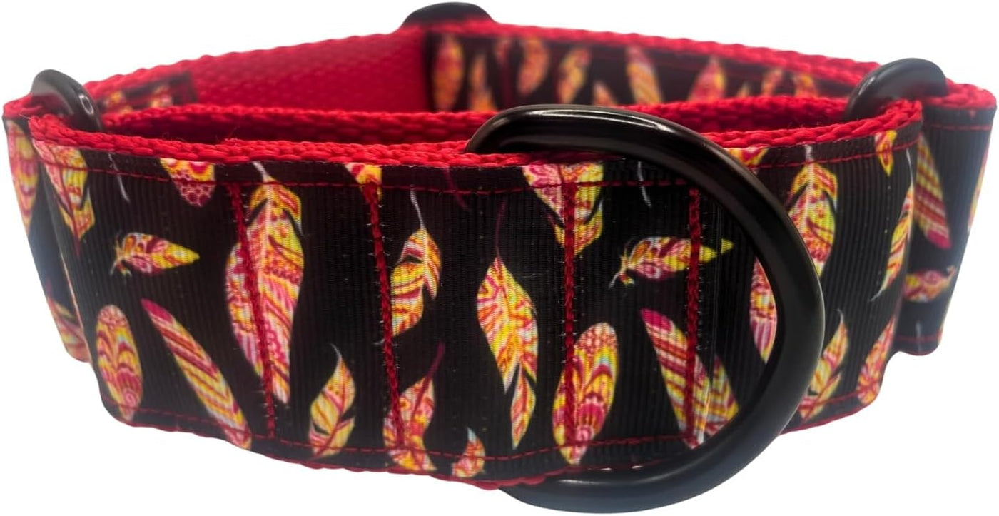 EGV - Martingale Collar 4 cm Wide, Greyhound Collar Handmade in Spain, Wide Collar for All Types of Dog, Dog Collar with Black Buckles (Feathers, L (Neck 37-55 cm))