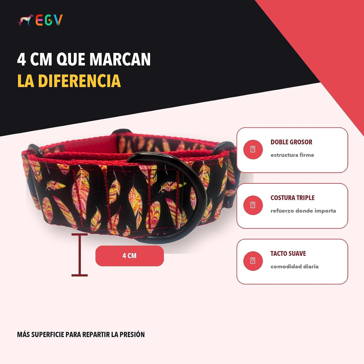 EGV - Martingale Collar 4 cm Wide, Greyhound Collar Handmade in Spain, Wide Collar for All Types of Dog, Dog Collar with Black Buckles (Feathers, L (Neck 37-55 cm))
