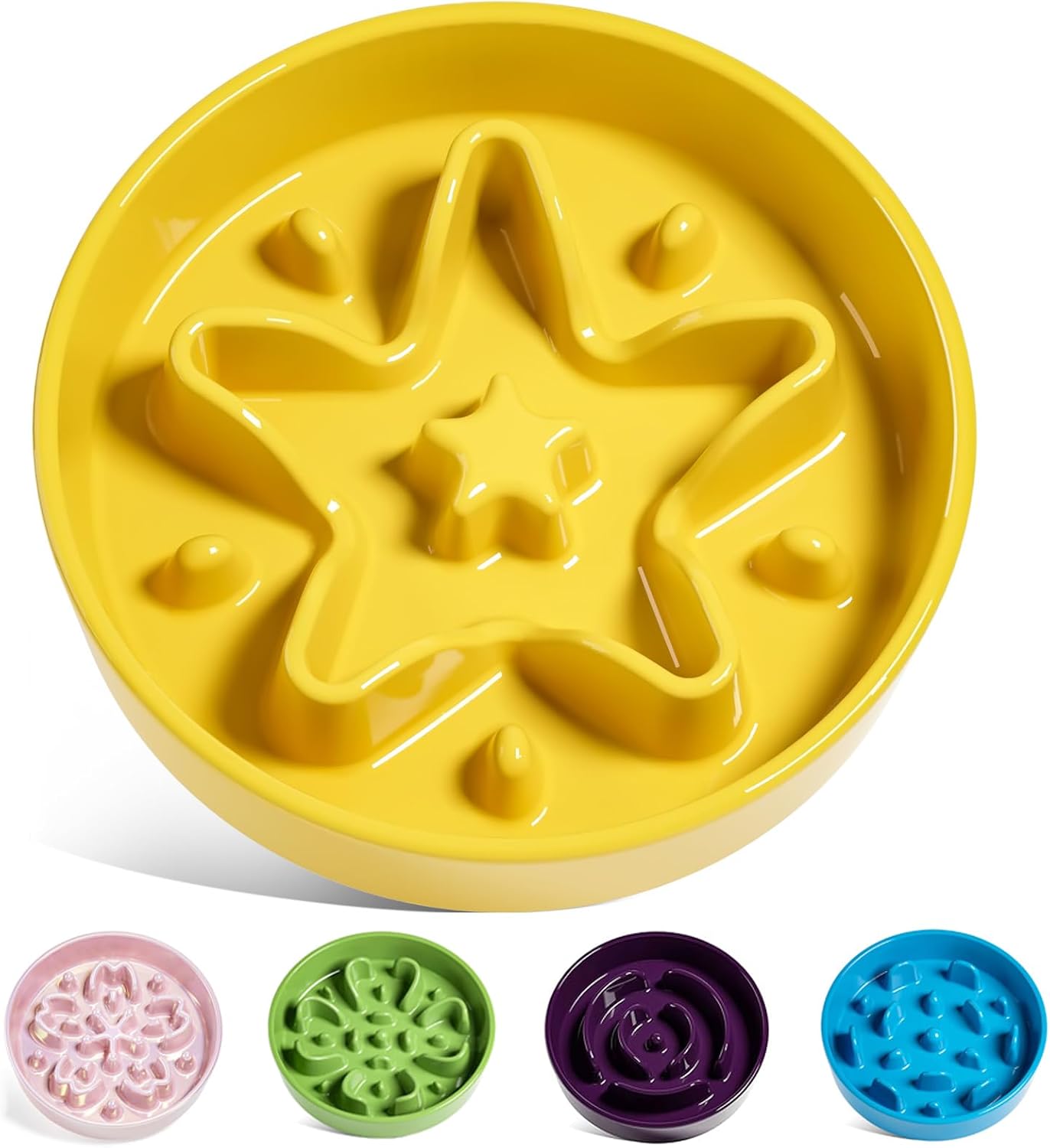 LE TAUCI Slow Feed Ceramic Bowl - for Small and Medium Breeds - Reduces Feeding Speed - Jaune, M - 670 ml