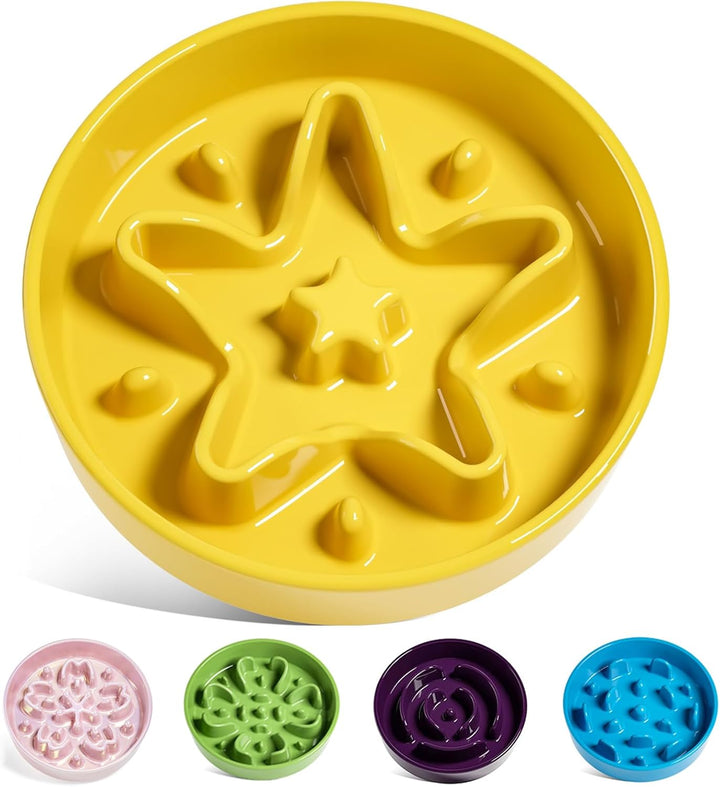 LE TAUCI Slow Feed Ceramic Bowl - for Small and Medium Breeds - Reduces Feeding Speed - Jaune, M - 670 ml