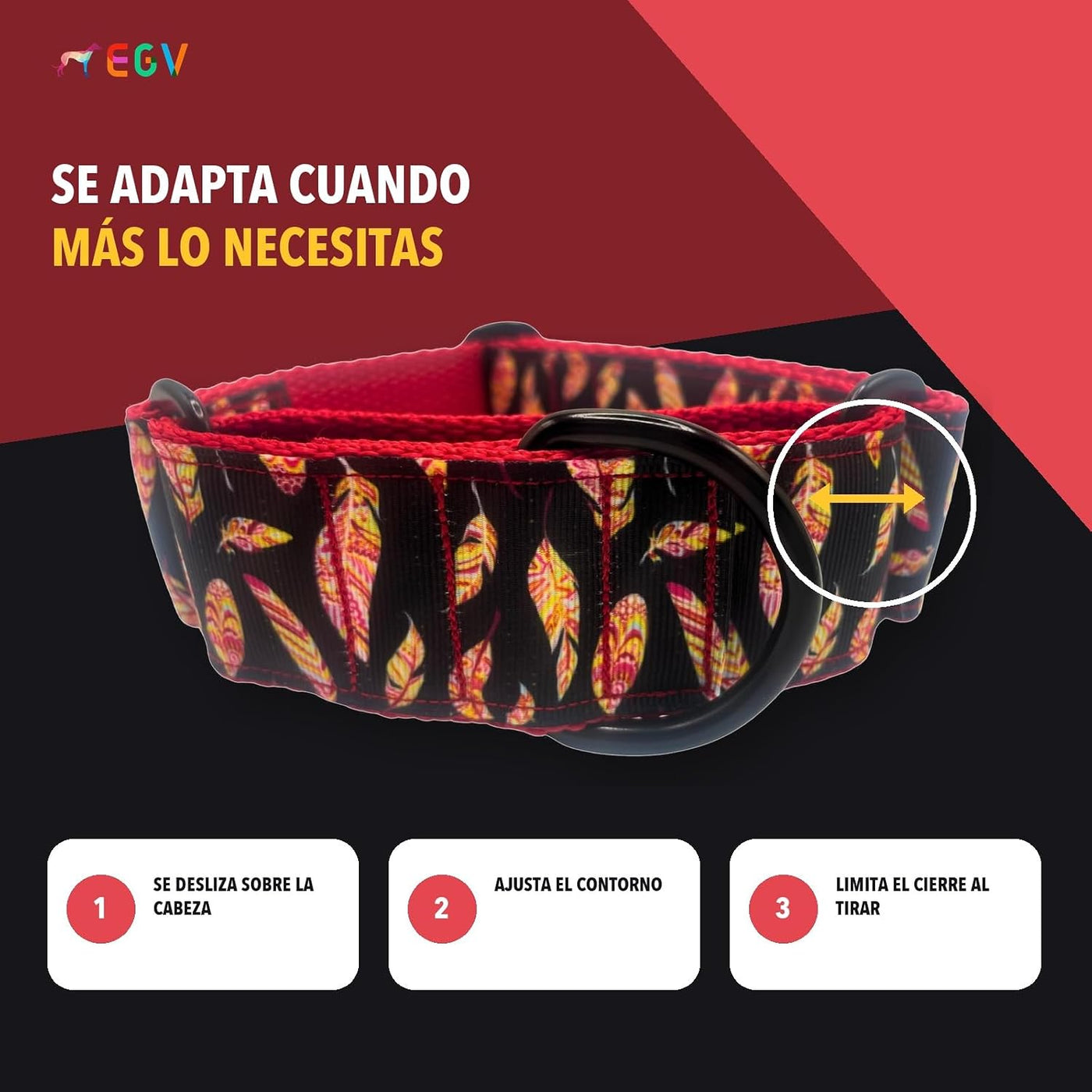 EGV - Martingale Collar 4 cm Wide, Greyhound Collar Handmade in Spain, Wide Collar for All Types of Dog, Dog Collar with Black Buckles (Feathers, L (Neck 37-55 cm))