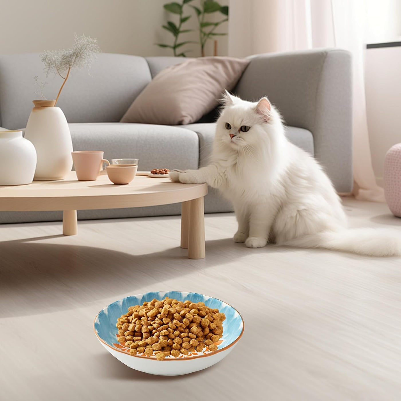 Cat Bowls, Flat Cat Feeder, Set of 6 Colourful Cat Feeders, Ceramic Cat Feeder, 5.5 Inch Cat Bowl, Suitable for Water, Dry Food, Wet Food.
