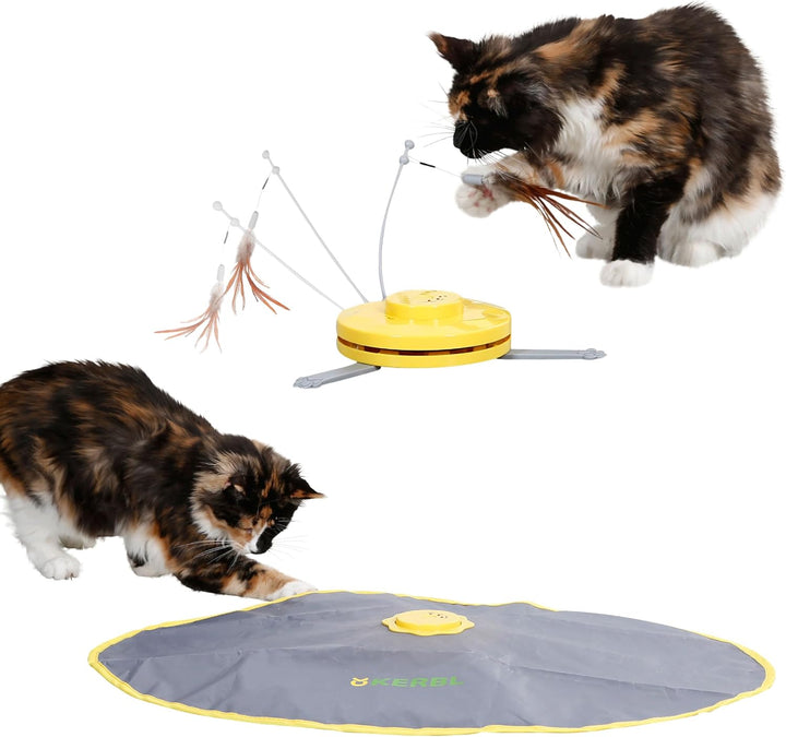 Kerbl Pet Brinquedos para gatos 2 em 1 Catch The Tail Feather, amarelo, cinzento, 70 x 53 x 5 cm, nylon, gatos, função de desligamento automático, antiderrapante