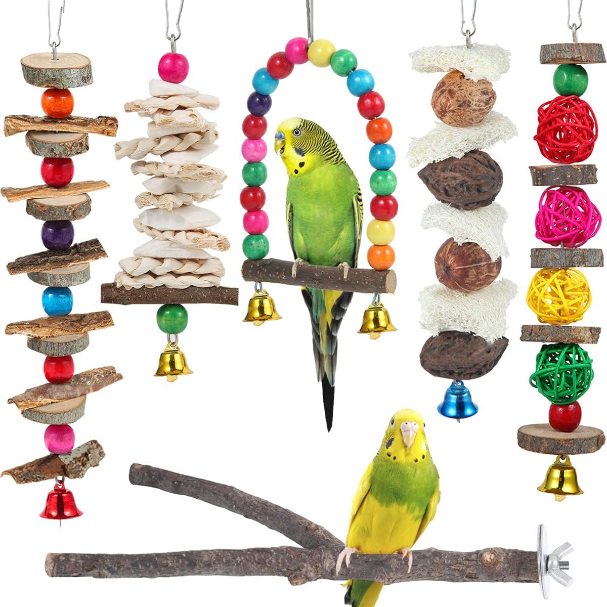 Bird Perch Toys Parakeet Toys 6 Pack Bird Cage Accessories Wooden Chew Toys Lovebird Parakeet and Other Small to Medium Size Birds