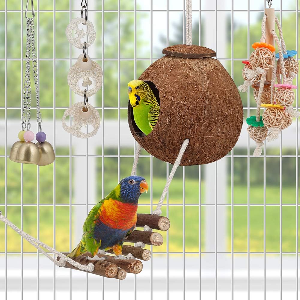 Bird Toys Parakeet Perch Bird Cage Coconut Hammock with Ladder Hanging Bell Chew Toy for Budgies Conure Cockatiels Love Birds Parrots