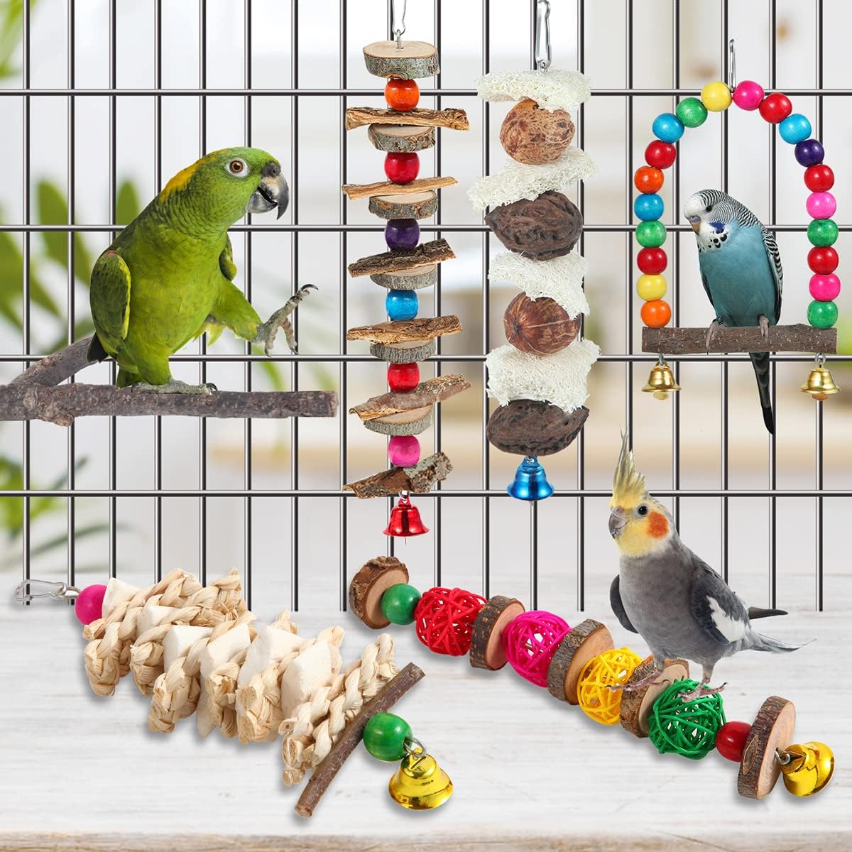 Bird Perch Toys Parakeet Toys 6 Pack Bird Cage Accessories Wooden Chew Toys Lovebird Parakeet and Other Small to Medium Size Birds