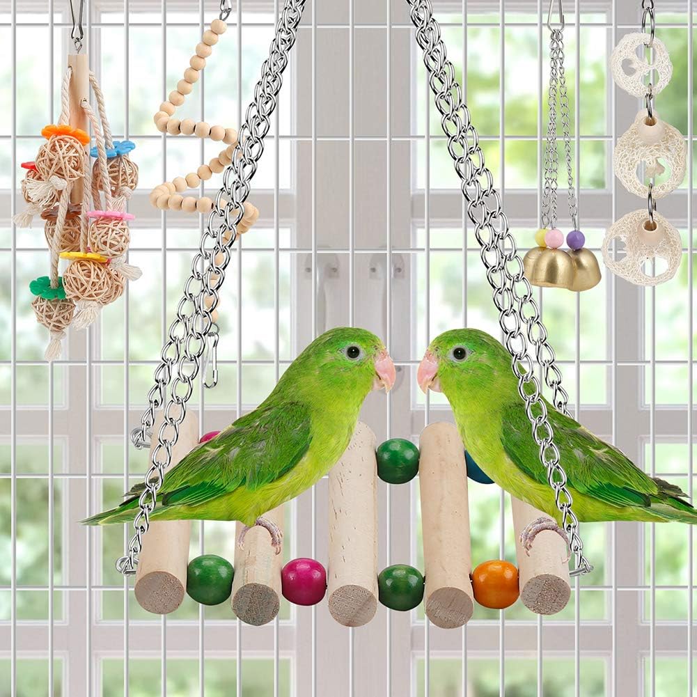 Bird Toys Parakeet Perch Bird Cage Coconut Hammock with Ladder Hanging Bell Chew Toy for Budgies Conure Cockatiels Love Birds Parrots