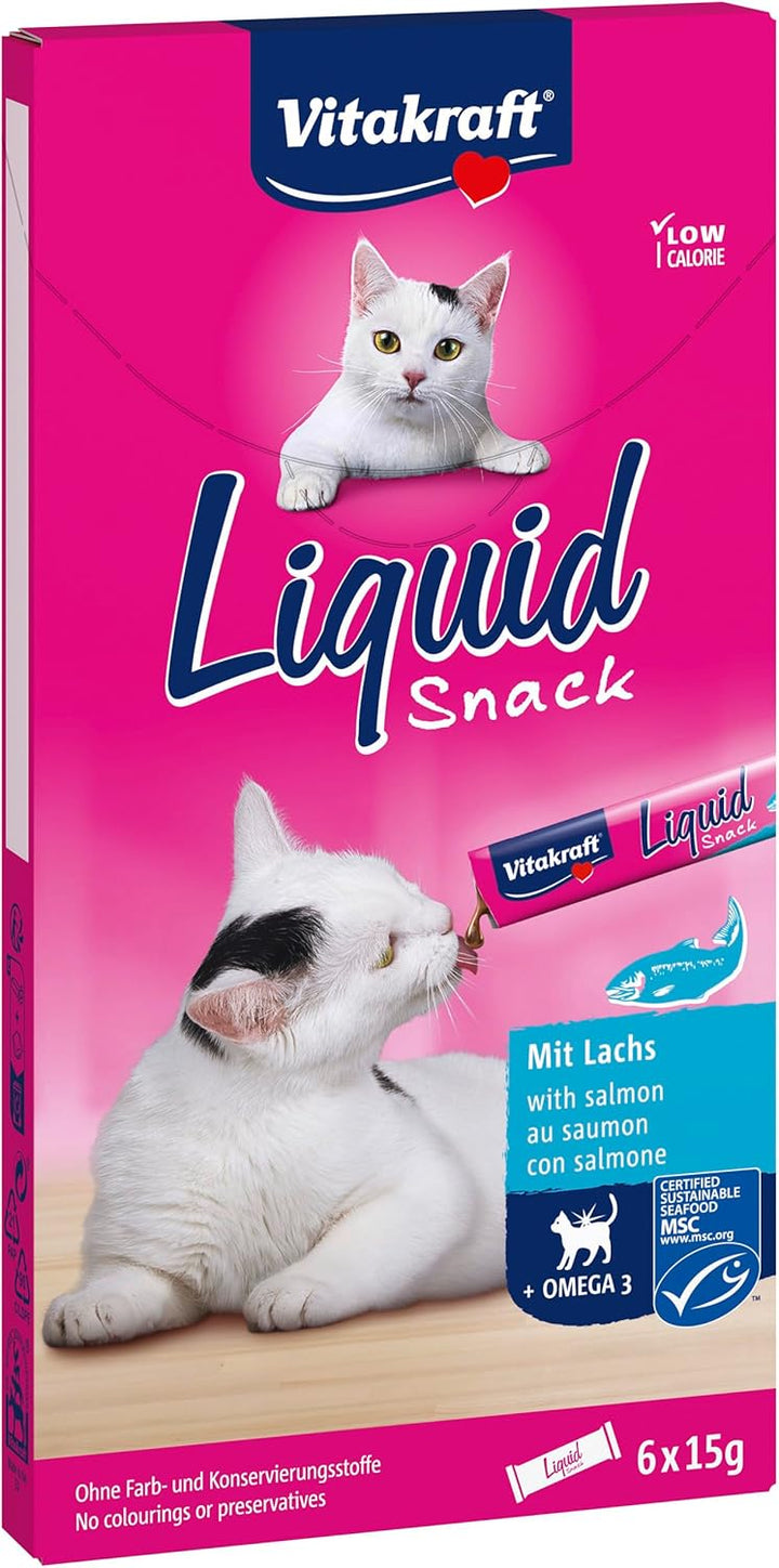Vitakraft Liquid Snack, Creamy Cat Snack with Salmon and Omega 3 Fatty Acids, in Individual Sachets, for Healthy Skin (1 Pack of 6X 15g)