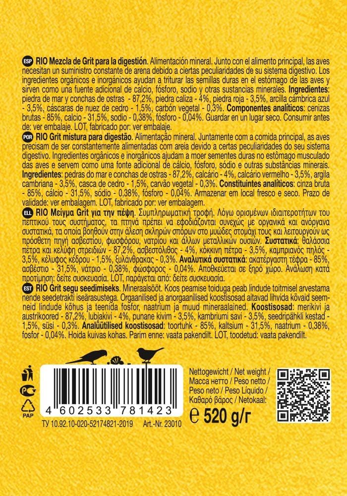 RIO Grit Mix | Twin Pack | 2 x 520g | Mineral Bird Food | to Support Digestion | Contains Important Minerals such as Calcium, Phosphorus and Sodium