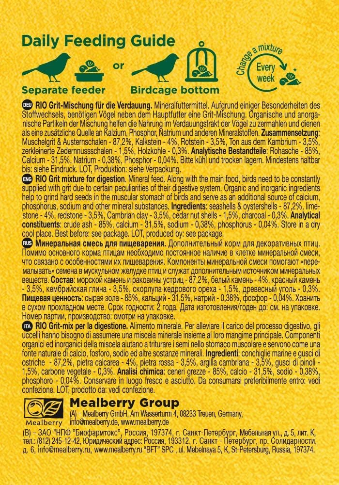 RIO Grit Mix | Twin Pack | 2 x 520g | Mineral Bird Food | to Support Digestion | Contains Important Minerals such as Calcium, Phosphorus and Sodium