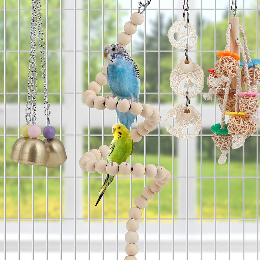 Bird Toys Parakeet Perch Bird Cage Coconut Hammock with Ladder Hanging Bell Chew Toy for Budgies Conure Cockatiels Love Birds Parrots