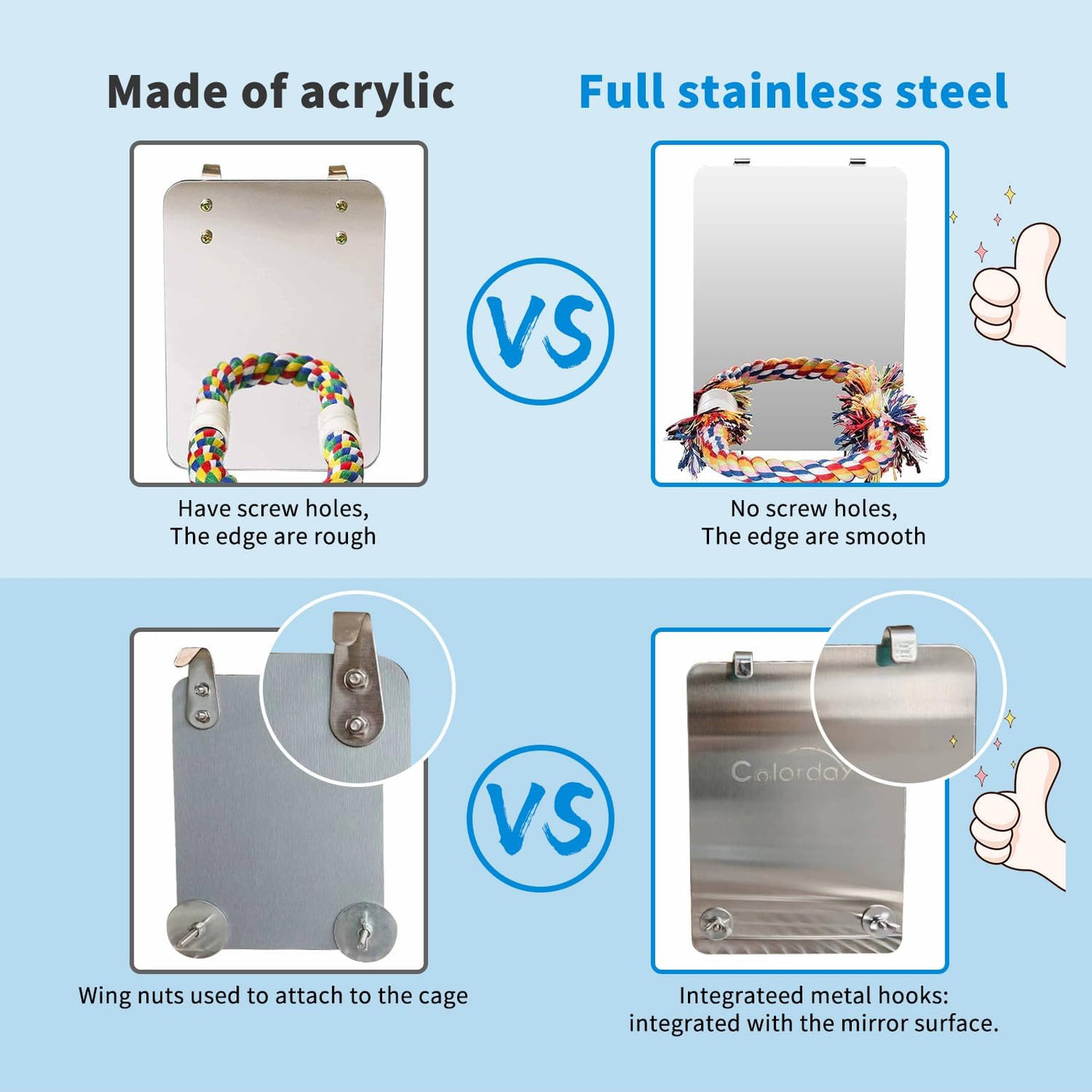 Colorday 7 Inch (18cm) Stainless Steel Bird Mirror with Rope Perch, bird Swing Toys, comfortable for Perch Grey African Parakeet Cockatiel Conure lovebir Finch canary