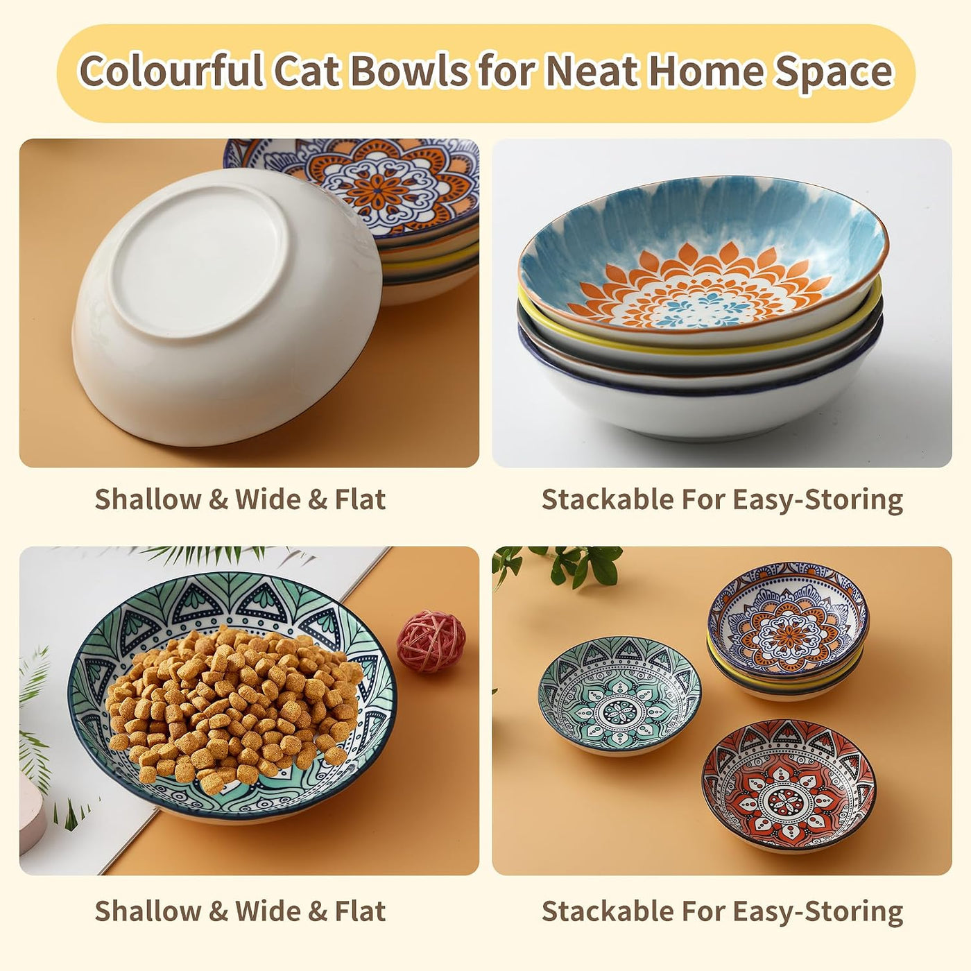 Cat Bowls, Flat Cat Feeder, Set of 6 Colourful Cat Feeders, Ceramic Cat Feeder, 5.5 Inch Cat Bowl, Suitable for Water, Dry Food, Wet Food.