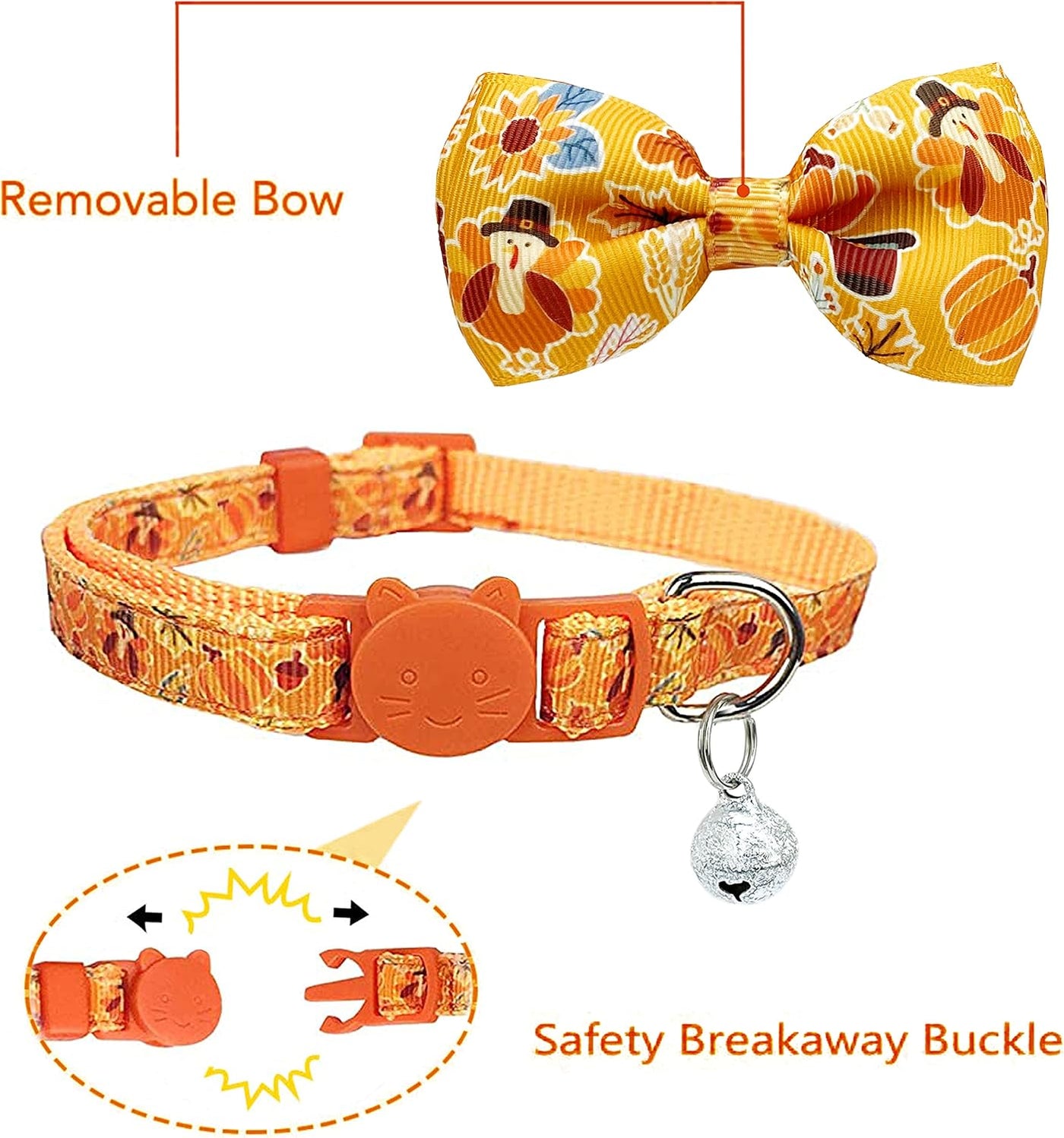 Paquete de 2 collares de gato de Acción de Gracias con pajarita y campana, gatito, otoño, vacaciones, pavo y calabaza, para niños, niñas, hombres y mujeres (patrón 1)
