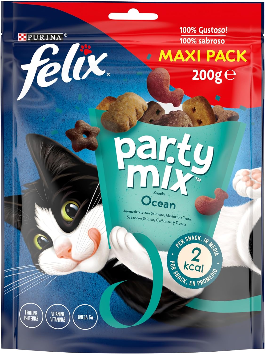Purina Felix Party Mix Ocean, Snack, Cat Treat with Salmon, Charcoal and Trout, Maxi Pack of 5 Bags of 200 g