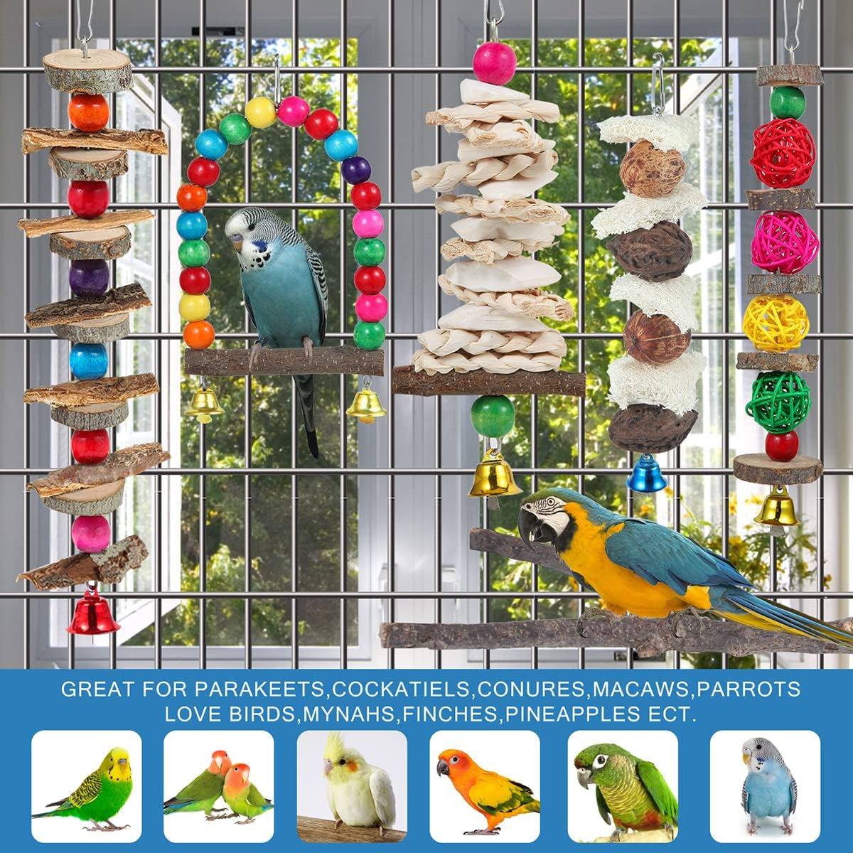 Bird Perch Toys Parakeet Toys 6 Pack Bird Cage Accessories Wooden Chew Toys Lovebird Parakeet and Other Small to Medium Size Birds