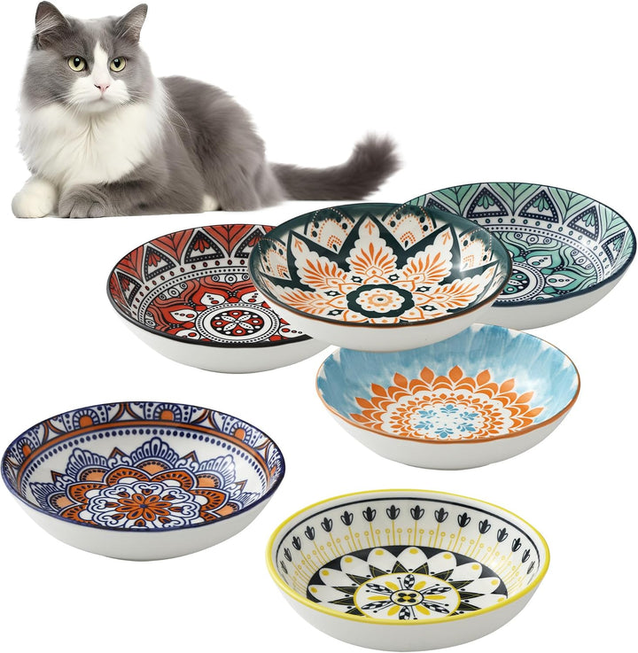 Cat Bowls, Flat Cat Feeder, Set of 6 Colourful Cat Feeders, Ceramic Cat Feeder, 5.5 Inch Cat Bowl, Suitable for Water, Dry Food, Wet Food.