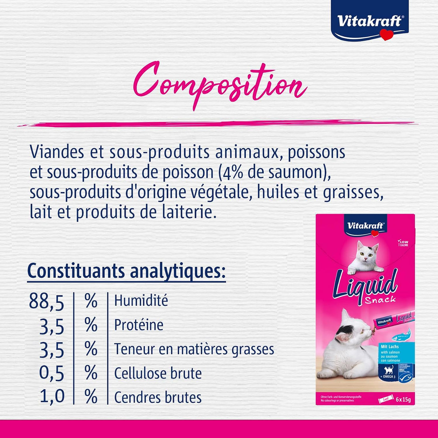 Vitakraft Liquid Snack, Creamy Cat Snack with Salmon and Omega 3 Fatty Acids, in Individual Sachets, for Healthy Skin (1 Pack of 6X 15g)