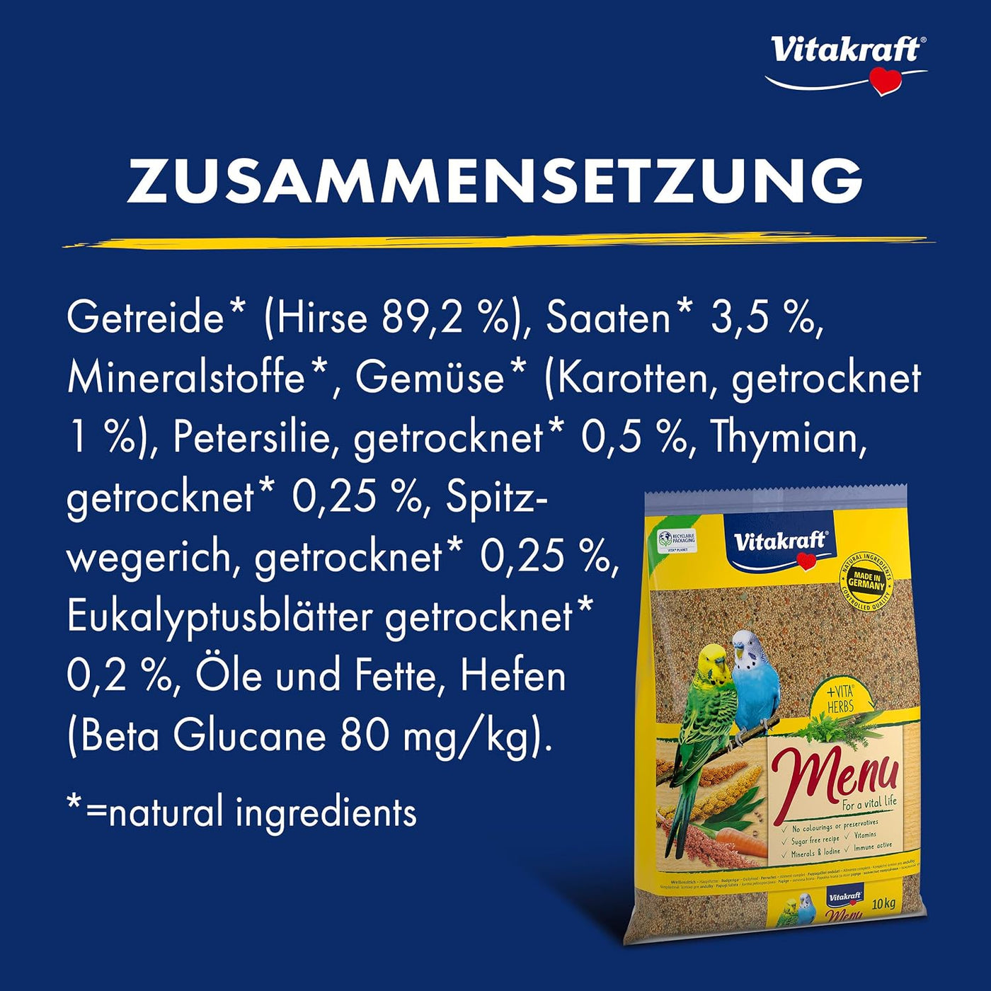 Vitakraft Menu 10 kg, main food for budgies, with vitamins, with active immune complex and herbs (1 x 10 kg)