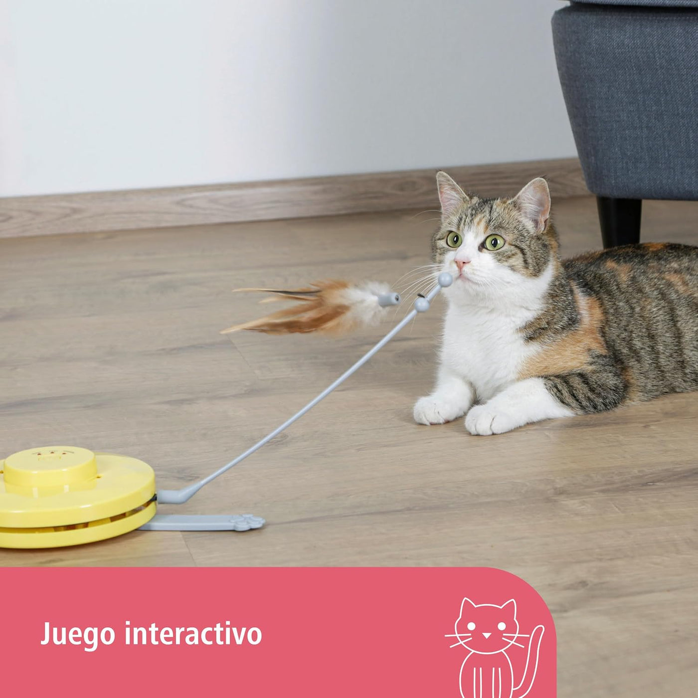 Kerbl Pet Brinquedos para gatos 2 em 1 Catch The Tail Feather, amarelo, cinzento, 70 x 53 x 5 cm, nylon, gatos, função de desligamento automático, antiderrapante