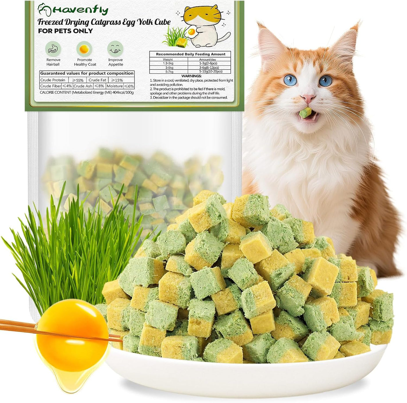 Freeze-Dried Cat Snacks with Grass & Egg Yolk, Catnip Snacks for Cats, Hair Ball Control and Healthy Hair