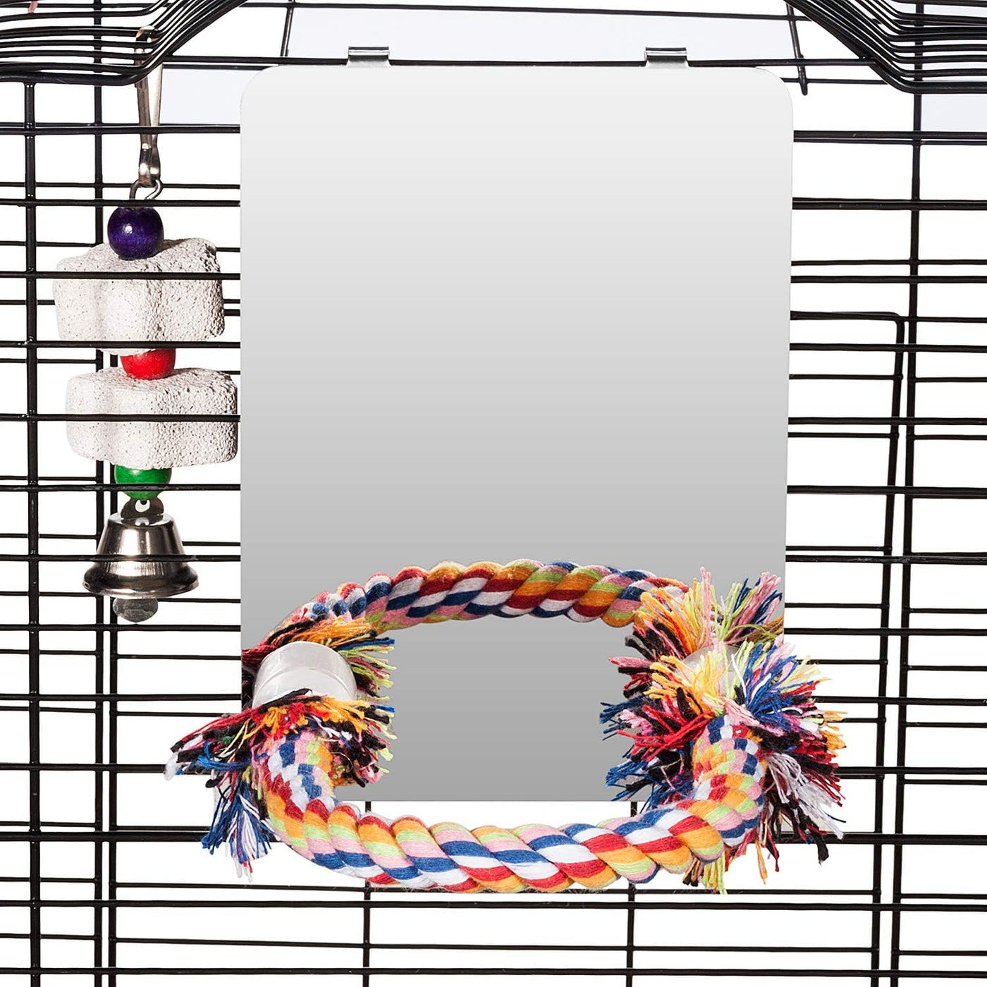 Colorday 7 Inch (18cm) Stainless Steel Bird Mirror with Rope Perch, bird Swing Toys, comfortable for Perch Grey African Parakeet Cockatiel Conure lovebir Finch canary