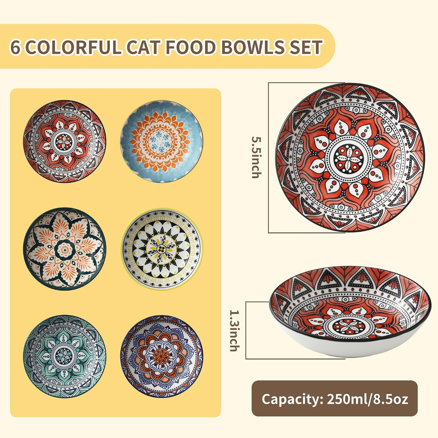 Cat Bowls, Flat Cat Feeder, Set of 6 Colourful Cat Feeders, Ceramic Cat Feeder, 5.5 Inch Cat Bowl, Suitable for Water, Dry Food, Wet Food.