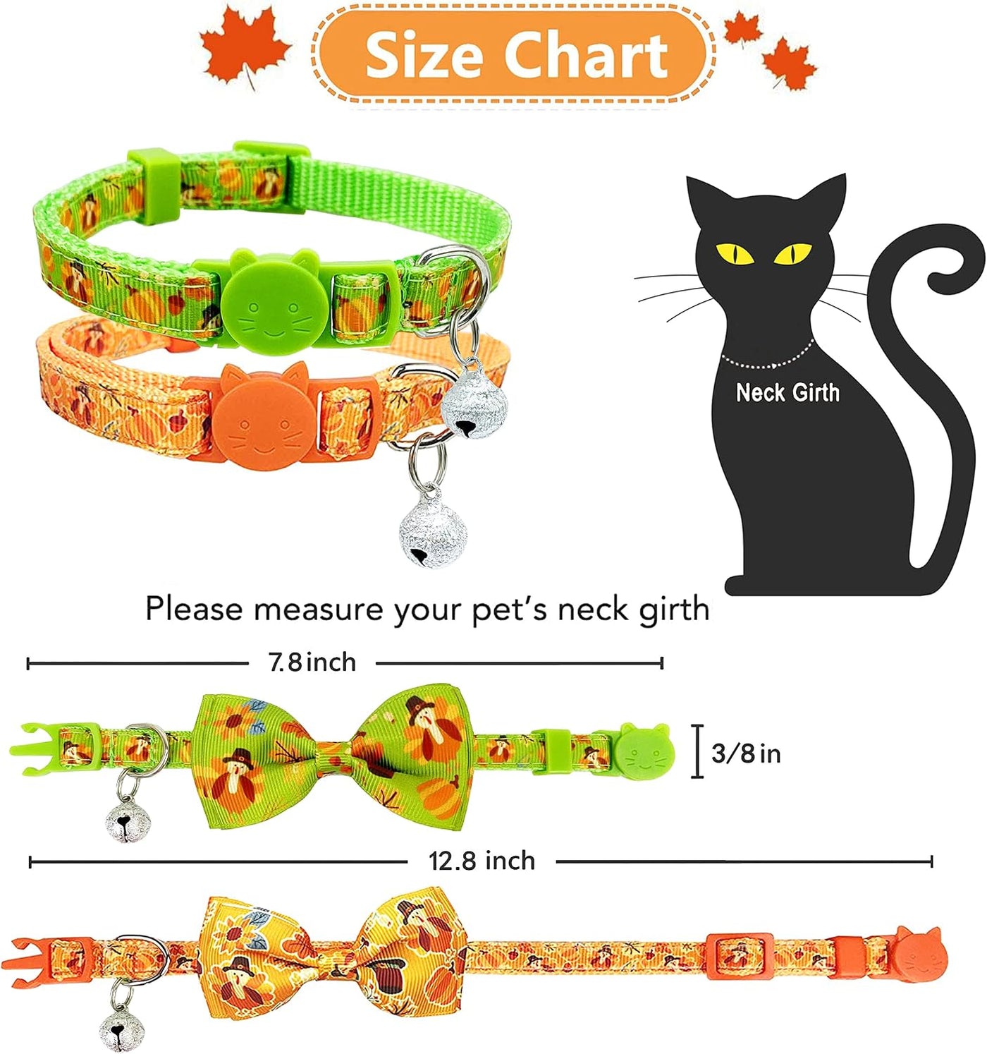 Paquete de 2 collares de gato de Acción de Gracias con pajarita y campana, gatito, otoño, vacaciones, pavo y calabaza, para niños, niñas, hombres y mujeres (patrón 1)