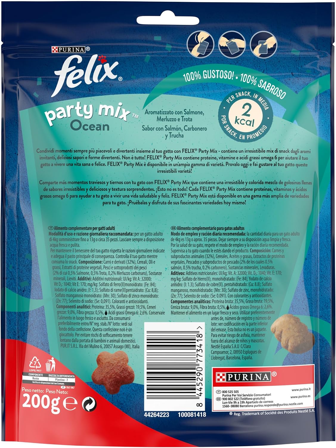 Purina Felix Party Mix Ocean, Snack, Cat Treat with Salmon, Charcoal and Trout, Maxi Pack of 5 Bags of 200 g