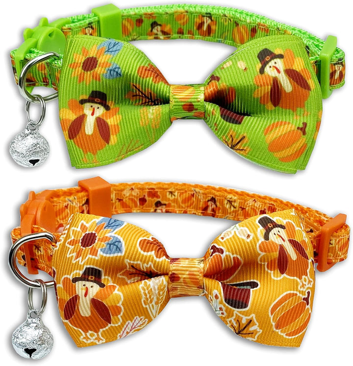 Paquete de 2 collares de gato de Acción de Gracias con pajarita y campana, gatito, otoño, vacaciones, pavo y calabaza, para niños, niñas, hombres y mujeres (patrón 1)