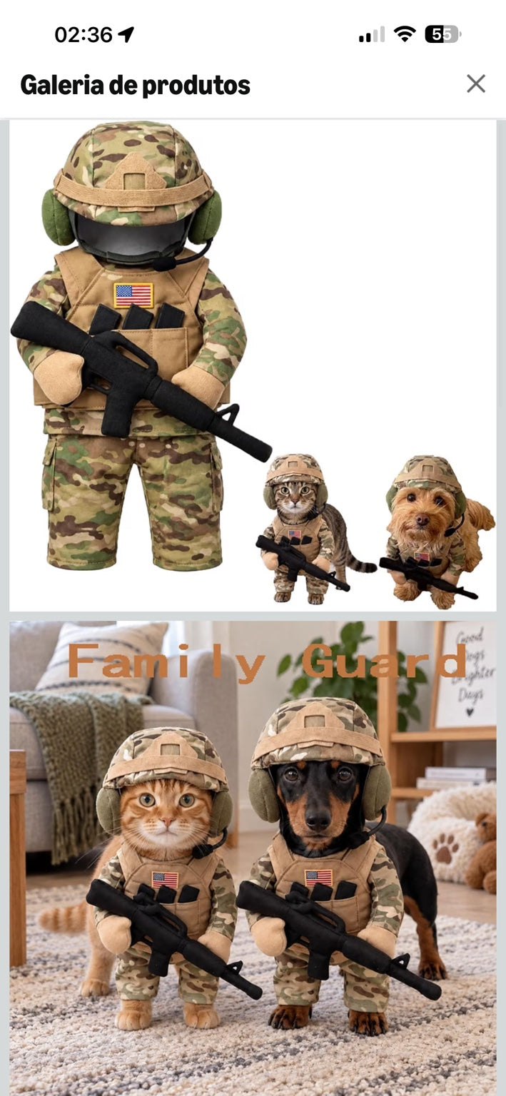 Disfarce de soldado camuflado para cães e gatos